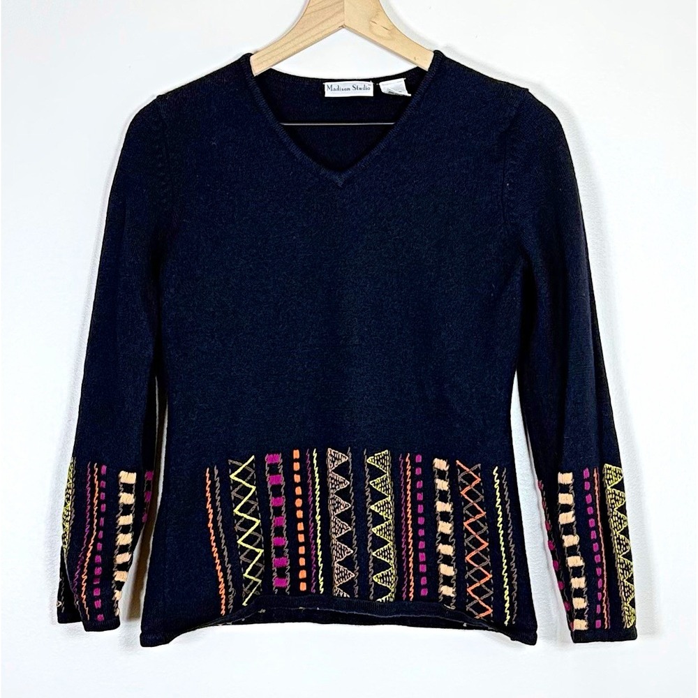 Madison Studio Womens Wool Sweater Size M Black Embroidered Vintage Made in UK